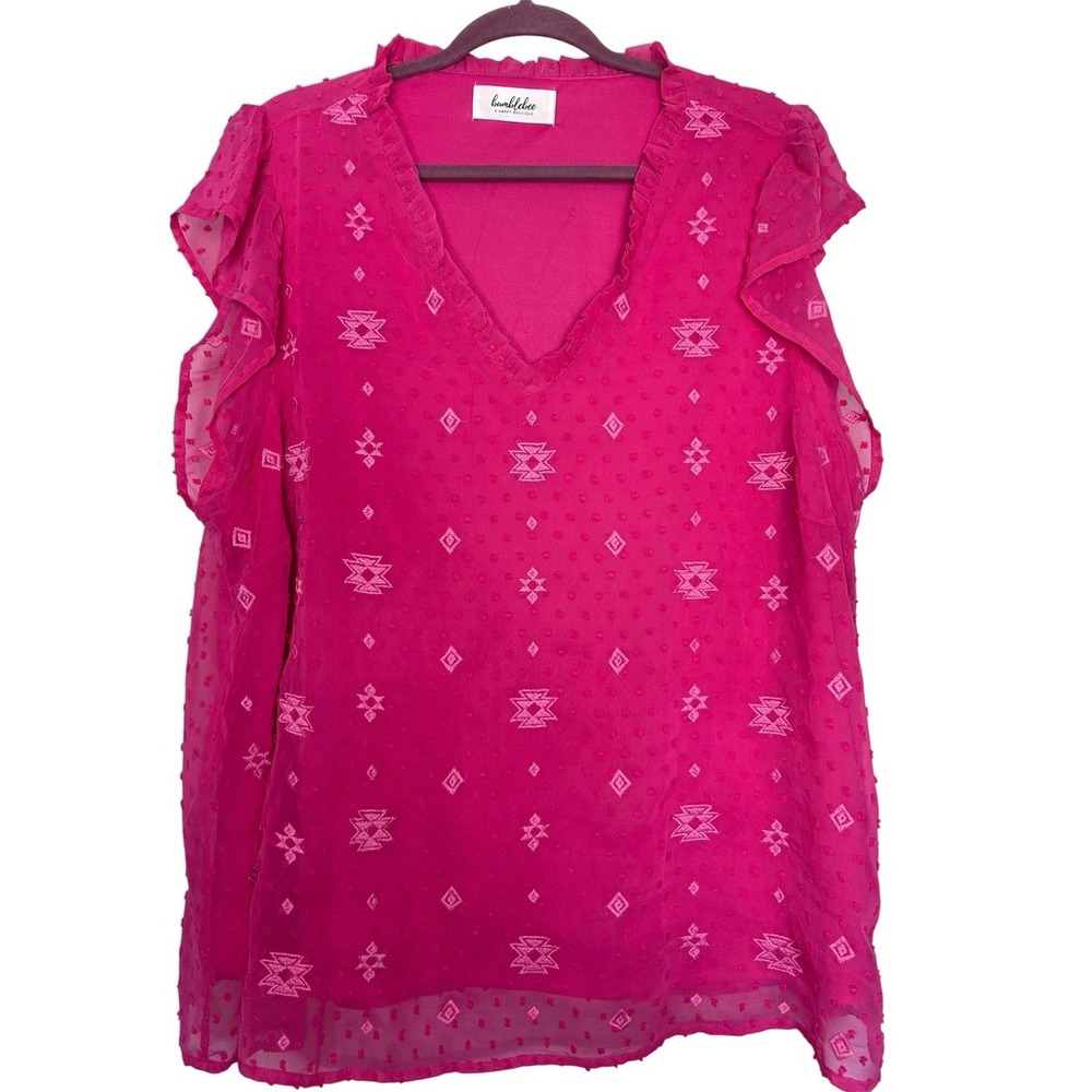 Bumblebee Boutique Size 2X Hot Pink Solid Aztec Print Chiffon Ruffle Sleeve Top